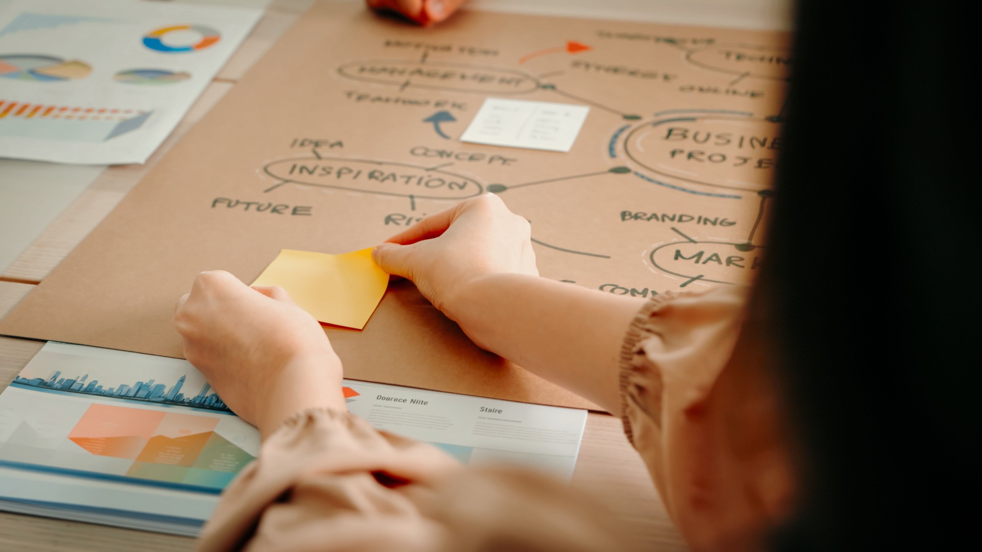 Team Collaborating on Business Strategy with Mindmap and Goal Planning in a Modern Office